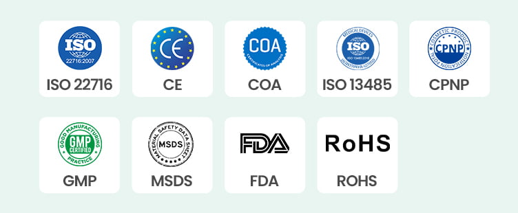 ISO 22716, CE, COA, ISO 13485, CPNP, GMP, MSDS, FDA, RoHS Certifications